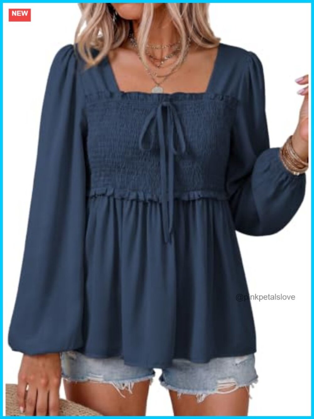 Womens Long Sleeve Square Neck Smocked Ruffle Babydoll Peplum Blouse Top